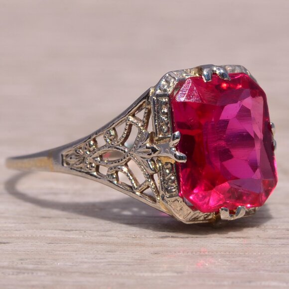 Lab Created Ruby Filigree Ring in White Gold - Picture 6 of 12